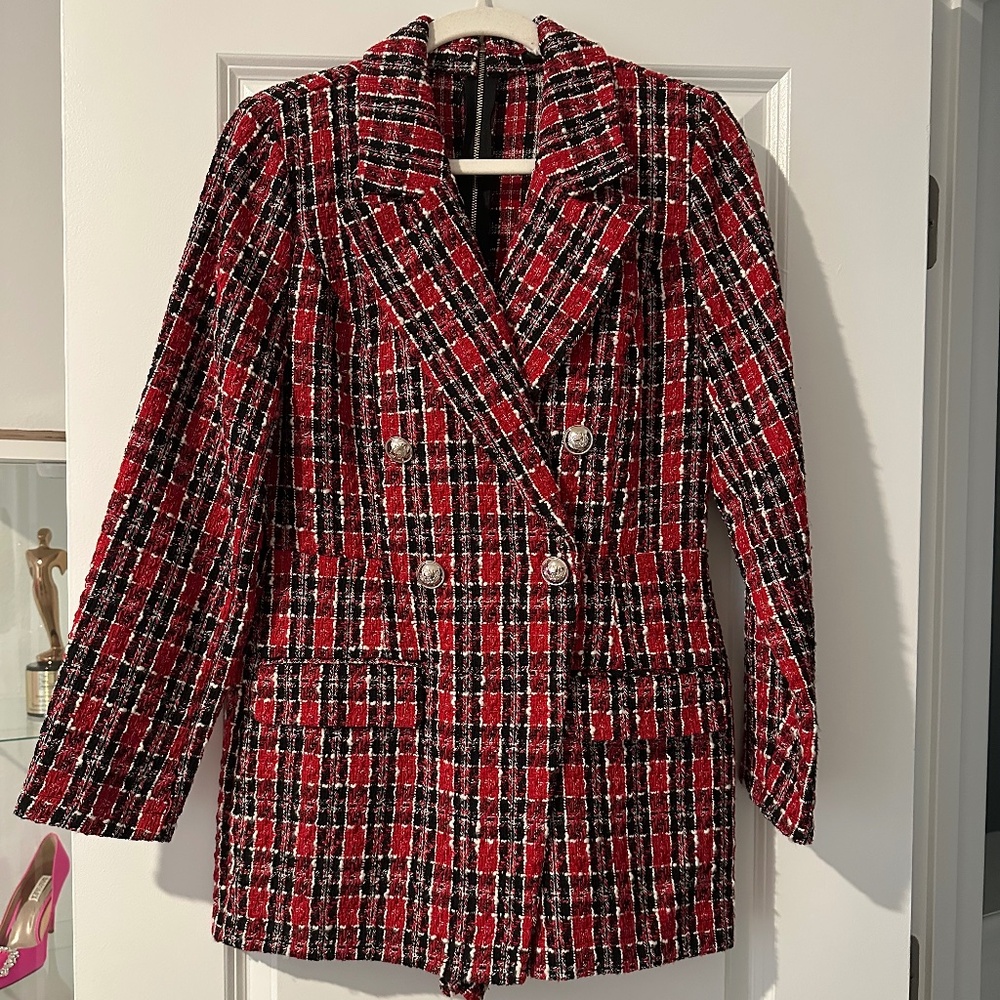 Venus Tweed Plaid Long Sleeve Button Front Blazer "Dress" Romper
